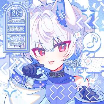 1girl :p animal_ears black_gloves blush cat_ears cat_girl closed_mouth commentary commission detached_sleeves double-parted_bangs gloves hair_between_eyes hands_up highres indie_virtual_youtuber kamitsuki_layl long_sleeves looking_at_viewer musical_note portrait purple_shirt red_eyes shirocha_tei shirt short_hair skeb_commission sleeveless sleeveless_shirt solo spoken_musical_note tongue tongue_out twitter_username virtual_youtuber watermark white_hair white_sleeves