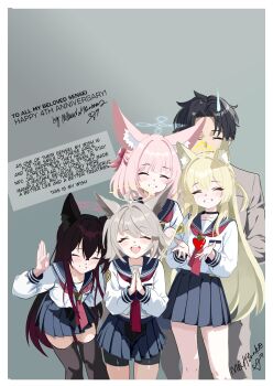 1boy 4girls :d ^_^ absurdres ahoge animal_ears bike_shorts bilingual_commentary birthday black_choker black_hair black_sailor_collar black_shorts black_skirt black_thighhighs blonde_hair blue_archive blue_halo blunt_bangs blush border brown_hair choker closed_eyes collarbone commentary cowboy_shot crossed_bangs english_commentary english_text facing_viewer feet_out_of_frame fox_ears fox_girl fox_platoon_(blue_archive) grey_background grin hair_between_eyes halo hands_up happy happy_birthday heart heart_of_string highres kurumi_(blue_archive) leaning_forward long_sleeves medium_hair melissa_v2 miniskirt mixed-language_commentary multiple_girls neckerchief niko_(blue_archive) open_mouth otogi_(blue_archive) outstretched_hand pink_hair pleated_skirt red_neckerchief sailor_collar school_uniform sensei_(blue_archive) serafuku shirt shorts sidelocks signature simple_background skirt smile standing straight_hair sweatdrop swept_bangs teeth thighhighs two_side_up upper_teeth_only waving white_border white_shirt yellow_halo yukino_(blue_archive) zettai_ryouiki