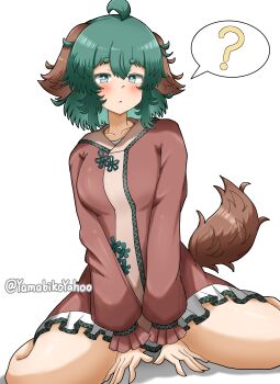 1girl ? absurdres ahoge animal_ears blush bright_pupils brown_dress commentary dog_ears dog_girl dog_tail dress full_body green_eyes green_hair highres kasodani_kyouko long_sleeves looking_at_viewer open_mouth seiza short_hair simple_background sitting solo spoken_question_mark symbol-only_commentary tail touhou twitter_username white_background white_pupils yamabikoyahoo