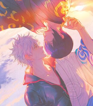 2boys arm_up black_haori black_shirt closed_eyes closed_mouth cloud cloudy_sky cma_cmakuma collarbone commentary_request gintama hadanugi_dousa hair_between_eyes hand_up haori highres japanese_clothes kimono long_sleeves looking_at_another male_focus messy_hair multiple_boys open_clothes open_kimono outdoors parted_lips popped_collar profile purple_hair purple_kimono sakata_gintoki shirt short_hair sky takasugi_shinsuke upper_body upside-down white_hair white_kimono wide_sleeves yaoi