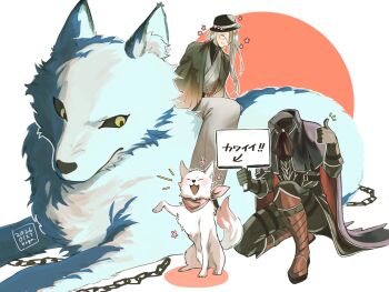animal ascot bandana bandana_around_neck black_cape black_capelet black_gloves black_haori black_shirt boots brown_boots cape capelet chain closed_eyes clothed_animal dog fate/grand_order fate_(series) fedora flower gk0213 gloves grey_kimono hair_between_eyes hair_over_one_eye hanasaka_no_okina_(fate) haori hat hat_flower headless hessian_(fate) highres japanese_clothes kimono lobo_(fate) long_hair_between_eyes long_sidelocks low_ponytail oversized_animal pink_bandana ponytail red_ascot riding riding_animal round_eyewear shirt shirt_under_kimono sidelocks single_sidelock sitting smile thumbs_up white_dog white_hair wolf yellow_eyes