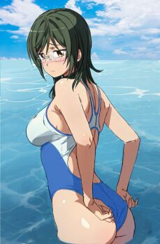 Rule 34 | 1girl, adjusting clothes, adjusting swimsuit, ass, black hair, blue one-piece swimsuit, blue sky, brown eyes, cloud, competition swimsuit, day, embarrassed, from behind, glass, high school fleet, highres, looking at viewer, noma machiko, one-piece swimsuit, outdoors, racerback, short hair, sky, solo, swimsuit, tamura ten, two-tone swimsuit, wading, water, yokosuka girls marine high school swimsuit