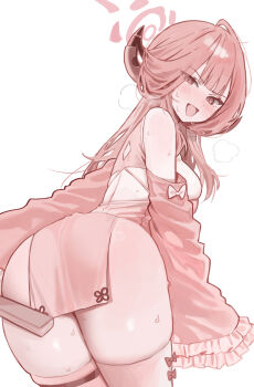 1girl absurdres alternate_costume aru_(blue_archive) ass blue_archive blush china_dress chinese_clothes demon_girl demon_horns detached_sleeves dress from_behind halo highres horns long_hair looking_at_viewer looking_back mochirong pink_dress pink_thighhighs red_eyes red_hair red_halo solo thighhighs thighs very_long_hair