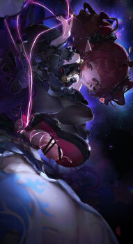 1boy 1girl absurdres bar_censor bare_shoulders bell bell_earrings black_choker black_dress black_footwear black_pantyhose blue_background blurry bound_penis bound_testicles censored choker crossed_legs depth_of_field detached_sleeves dress dungeon_and_fighter earrings enchantress_(dungeon_and_fighter) female_mage_(dungeon_and_fighter) femdom footjob foreshortening ghostblade_(dungeon_and_fighter) head_rest heart hetero high_heels highres jewelry legs lolita_fashion looking_at_viewer luelue_zi magic male_slayer_(dungeon_and_fighter) mary_janes open_mouth orgasm_denial pantyhose penis pointy_ears pov precum red_eyes red_hair shoejob shoes slayer_(dungeon_and_fighter) smile squeezing_testicles testicles toned toned_male twintails