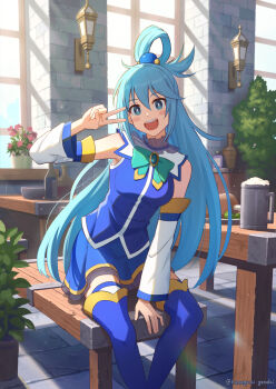 1girl aqua_(konosuba) aqua_bow aqua_bowtie artist_name bare_shoulders beer_mug blue_eyes blue_hair blue_skirt blush_stickers bottle bow bowl bowtie brooch commentary_request cup detached_sleeves flower flower_pot food hanagami_gendai highres indoors jewelry katsuyamamage kono_subarashii_sekai_ni_shukufuku_wo! long_hair looking_at_viewer mug open_mouth sitting skirt sleeveless solo table tavern teeth tray twitter_username upper_teeth_only v window