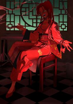 1girl alternate_costume bead_necklace beads braid chain chair checkered_floor chinese_clothes clothing_request coat coat_on_shoulders commentary_request fangs figure_four_sitting full_body green_eyes hair_over_shoulder hibikari1120 highres holding holding_smoking_pipe jewelry long_hair looking_at_viewer necklace open_mouth outstretched_arms parted_bangs plant_print ponytail red_theme round_eyewear sash shade shanti_(vocaloid) shoes sidelighting sitting smoke smoking_pipe solo touhou twin_braids waist_sash