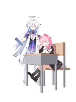 2girls ? absurdres black_dress book chinese_commentary closed_mouth colored_eyelashes commentary_request desk dress drooling earrings encore_(wuthering_waves) grey_hair hair_intakes hair_ornament halo head_rest highres holding holding_book jacket jewelry long_hair looking_at_another mornye_(wuthering_waves) multiple_girls open_mouth pink_hair purple_dress qianbihezhong red_eyes school_desk see-through_body sitting sleep_mask sleeping triangle_earrings white_jacket wuthering_waves