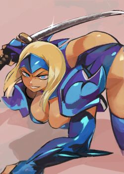 1girl 2023 33dot absurdres all_fours armor ass blonde_hair blue_boots blue_eyes blue_thighhighs boots breasts brown_background capcom cleavage feet_out_of_frame female_focus grin high_heel_boots high_heels highres katana legs_apart leotard long_hair looking_at_viewer looking_back marvel mizuki_(punisher) pauldrons pink_background reverse_grip serious shadow shoulder_armor shoulder_spikes smile solo spiked_pauldrons spikes sword the_punisher_(1993_game) the_punisher_(series) thigh_boots thighhighs thighs thong_leotard weapon