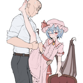 1boy 1girl bald barefoot bat_wings belt black_belt black_pants center_frills chair chinese_commentary clenched_teeth collared_shirt commentary cowboy_shot frilled_shirt_collar frilled_skirt frills hand_on_another's_waist hat highres holding_another's_leg mob_cap one_eye_closed pants pink_hat pink_shirt pink_skirt puffy_short_sleeves puffy_sleeves red_eyes remilia_scarlet shirt short_hair short_sleeves simple_background skirt sleeves_rolled_up slit_pupils split standing standing_on_one_leg standing_split sweatdrop teeth touhou white_background white_shirt wings youpofen