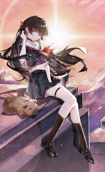 Rule 34 | 1girl, absurdres, black choker, black hair, black shirt, black shoes, black skirt, black socks, chisa (wuthering waves), choker, closed mouth, commentary, crop top, enori orz, hair ribbon, highres, long hair, looking at viewer, namipon (wuthering waves), navel, neckerchief, red eyes, red neckerchief, red ribbon, ribbon, sailor collar, shirt, shoes, sitting, skirt, smile, socks, thighs, white sailor collar, wuthering waves