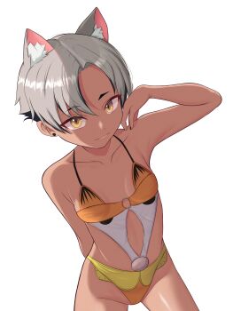 1girl absurdres animal_ear_fluff animal_ears black_nails breasts cat_ears collarbone extra_ears garfield garfield_(character) go!_go!_gris! grey_hair groin highres kara_(go!_go!_gris!) looking_at_viewer moriforests one-piece_swimsuit orange_one-piece_swimsuit original short_hair simple_background small_breasts solo swimsuit white_background yellow_eyes
