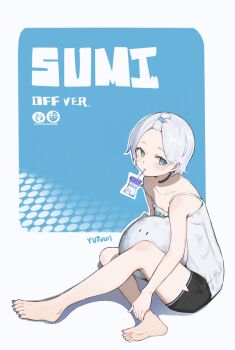 1girl absurdres bare_shoulders barefoot black_choker black_shorts blue_eyes breasts camisole choker cleavage drink_carton drinking_straw drinking_straw_in_mouth forehead hair_slicked_back highres kaga_sumire kaga_sumire_(6th_costume) knee_up lupinus_virtual_games milk_carton mole mole_under_eye nail_polish short_hair short_shorts shorts simuyutou sitting small_breasts solo strap_slip toenail_polish toenails virtual_youtuber vspo! white_camisole white_hair