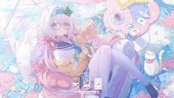 Rule 34 | 1girl, blue eyes, bug, butterfly, cake, cardigan, commentary, cup, food, glasses, hair flowing over, hair ornament, hair spread out, hairband, highres, holding, holding umbrella, insect, long hair, looking at viewer, low twintails, original, pantyhose, sailor collar, school uniform, serafuku, shirt, sitting, skirt, solo, teacup, transparent, transparent umbrella, twintails, umbrella, umehara sei, untranslatable commentary, very long hair, virtual youtuber, white hair, white pantyhose, white shirt, yellow cardigan