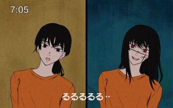 2girls black_eyes black_hair chainsaw_man commentary cross_scar facial_scar hashtag-only_commentary highres long_hair matomo mitaka_asa multiple_girls open_mouth orange_shirt ponytail red_eyes ringed_eyes scar scar_on_cheek scar_on_face scar_on_nose shirt smile split_screen timestamp translation_request yoru_(chainsaw_man)