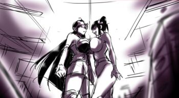 2girls artist_request breasts cleavage concept_art electro_wave_human_tackle face-to-face hand_on_own_hip highres large_breasts leotard lips long_hair looking_at_another monochrome multiple_girls okada_yuriko ryona serious smile standing toujima_tanzaburou_wa_kamen_rider_ni_naritai twintails wide_hips yukarisu
