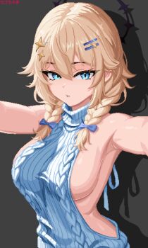 1girl absurdres armpits blonde_hair blue_eyes braid breasts double_halo hair_ornament halo hashtag-only_commentary highres kaneko_lumi phase_connect sethchamachama sideboob sparkle_hair_ornament star_(symbol) star_hair_ornament twin_braids virgin_killer_sweater virtual_youtuber