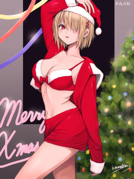 1girl alternate_costume arm_behind_back arm_up blonde_hair blush bow bow_bra bra breasts character_name christmas christmas_tree cleavage collarbone commentary_request cowboy_shot fur-trimmed_bra fur-trimmed_sleeves fur_trim grey_background hair_between_eyes hair_ornament hair_over_one_eye hairclip hand_on_headwear hat heaven_burns_red kayamori_ruka large_breasts long_bangs long_sleeves looking_at_viewer merry_christmas miniskirt navel niwatori_kokezou one_eye_covered parallel_hairclips parted_lips red_bow red_bra red_eyes red_skirt santa_costume santa_hat short_hair signature simple_background skirt solo stomach underwear