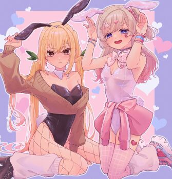 2girls absurdres animal_ear_hairband animal_ears black_leotard blonde_hair blush bow bowtie bracelet breasts brown_eyes brown_sweater cleavage closed_mouth clothes_around_waist commentary_request cropped_sweater detached_collar facial_mark fake_animal_ears fishnet_pantyhose fishnets frown gradient_hair hair_between_eyes hair_ornament hair_ribbon hairband hairclip hands_up heart heart_facial_mark heart_hair_ornament highleg highleg_leotard highres inda_karane jewelry kedarui_aashii kimi_no_koto_ga_dai_dai_dai_dai_daisuki_na_100-nin_no_kanojo kneeling leg_warmers leotard long_hair looking_at_viewer mark_under_eye multicolored_hair multiple_bracelets multiple_girls off-shoulder_sweater off_shoulder oknomyk one_side_up open_mouth pantyhose pink_background pink_bow pink_bowtie pink_hair pink_sweater pink_thighhighs playboy_bunny purple_background purple_eyes rabbit_ears rabbit_hair_ornament rabbit_pose rabbit_tail ribbon simple_background sitting small_breasts strapless strapless_leotard sweater sweater_around_waist tail thighhighs twintails two-tone_background very_long_hair wariza white_leotard