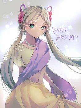 1girl bindi blonde_hair breasts earrings green_eyes heaven_burns_red highres indian indian_clothes jewelry long_hair navel rin_0101010 sari small_breasts solo triangle_earrings twintails vritika_balakrishnan