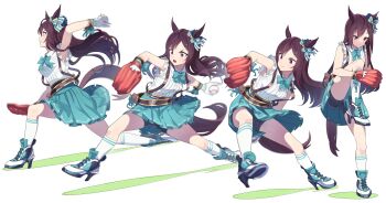 1girl absurdres animal_ears ball baseball baseball_glove bike_shorts bow bowtie breasts brown_hair clenched_teeth collared_shirt gloves green_skirt high_heels highres holding holding_ball horse_ears horse_girl horse_tail kneehighs long_hair mejiro_dober_(umamusume) motion_blur multiple_views nishiki_kazue open_mouth pitching purple_eyes sequential shirt simple_background skirt sleeveless small_breasts socks standing standing_on_one_leg suspender_skirt suspenders tail teeth throwing umamusume v-shaped_eyebrows white_background white_gloves white_shirt white_socks wristband