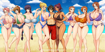 1boy 6+girls antenna_hair bikini black_hair blonde_hair blue_eyes blush breasts brown_eyes brown_hair busujima_saeko character_request check_character commentary dark_skin english_commentary harem highres highschool_of_the_dead huge_breasts komuro_takashi large_breasts long_hair long_sidelocks looking_at_viewer marikawa_shizuka minami_rika miyamoto_rei multiple_girls navel nipples pink_hair ponytail purple_hair red_eyes rimless_eyewear rud-k sagiri_yuuko sidelocks smile swimsuit takagi_saya thighhighs twintails very_long_sidelocks