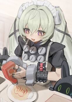 Rule 34 | 1girl, absurdres, bangboo (zenless zone zero), black nails, corin wickes, dodo (yatotoyatoto), fingernails, green hair, hair between eyes, highres, indoors, ketchup bottle, long hair, maid, maid headdress, nail polish, open mouth, purple eyes, sidelocks, smile, solo, upper body, zenless zone zero