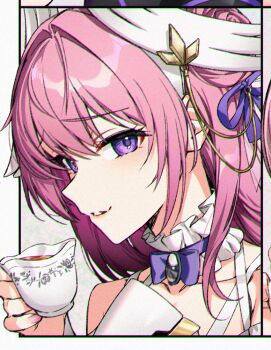 1girl bare_shoulders chromatic_aberration collarbone commentary_request cup dl_(dl_6ix) dorothy_(nikke) goddess_of_victory:_nikke hair_intakes hand_up heavy_chromatic_aberration holding holding_cup korean_commentary long_hair looking_at_viewer parted_lips pink_hair portrait purple_eyes smile solo teacup