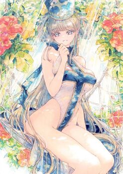 1girl alternate_costume blue_hair blue_hat blue_one-piece_swimsuit braid braided_hair_rings breasts chikinan_tarou fate/grand_order fate_(series) flower grey_hair grin hair_rings hammock hat highleg highleg_one-piece_swimsuit highres johanna_(fate) johanna_(third_ascension)_(fate) long_hair looking_at_viewer medium_breasts mitre multicolored_hair one-piece_swimsuit painting_(medium) purple_eyes sitting smile solo swimsuit traditional_media twin_braids two-tone_hair two-tone_one-piece_swimsuit watercolor_(medium) white_one-piece_swimsuit