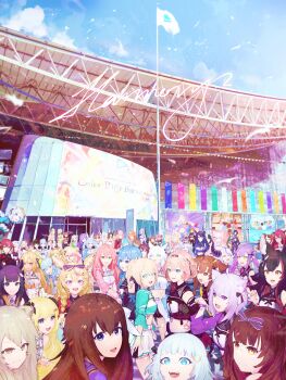 Rule 34 | 0th generation (hololive), 1st generation (hololive), 2nd generation (hololive), 6+girls, absurdres, ahoge, airani iofifteen, akai haato, aki rosenthal, amane kanata, animal ear fluff, animal ears, anya melfissa, area 15, ayunda risu, azki (hololive), blonde hair, blue eyes, blue hair, blue sky, brown hair, cat ears, cloud, collared shirt, colored inner hair, commentary, cropped shirt, detached hair, dog ears, english commentary, english text, flag, flagpole, fox ears, fuwawa abyssgard, gawr gura, green eyes, hair between eyes, hair ornament, hairclip, hakos baelz, hakui koyori, halo, heterochromia, highres, himemori luna, hiodoshi ao, hiodoshi ao (regloss uniform), holoadvent, holoforce, holoh3roes, hololive, hololive dev is, hololive english, hololive fantasy, hololive gamers, hololive idol uniform (color rise), hololive indonesia, holomyth, holopromise, holoro, holox, horns, hoshimachi suisei, houshou marine, ichijou ririka, ichijou ririka (regloss uniform), inugami korone, irys (hololive), juufuutei raden, juufuutei raden (regloss uniform), kaela kovalskia, kazama iroha, kobo kanaeru, koseki bijou, kureiji ollie, la+ darknesss, looking at viewer, mococo abyssgard, momosuzu nene, moona hoshinova, mori calliope, mouse ears, multicolored hair, multicolored shirt, multiple girls, murasaki shion, nakiri ayame, nanashi mumei, natsuiro matsuri, nekomata okayu, nepolabo, nerissa ravencroft, ninomae ina'nis, official alternate costume, omaru polka, ookami mio, oozora subaru, orange eyes, orange hair, otonose kanade, ouro kronii, pavolia reine, pink eyes, pink hair, purple eyes, purple hair, rabbit ears, red eyes, red hair, regloss (hololive), roboco-san, sakura miko, shirakami fubuki, shiranui flare, shirogane noel, shirt, shishiro botan, single horn, single sleeve, skin-covered horns, skirt, sky, star halo, streaked hair, takanashi kiara, takane lui, todoroki hajime, todoroki hajime (regloss uniform), tokino sora, tokoyami towa, tsunomaki watame, twintails, usada pekora, vestia zeta, virtual youtuber, wolf ears, yellow eyes, yellow halo, yto9, yukihana lamy, yuzuki choco