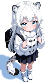 1girl absurdres animal_ear_fluff animal_ears backpack bag black_skirt blue_eyes boots child expressionless full_body fur-trimmed_boots fur-trimmed_jacket fur-trimmed_sleeves fur_trim furfik highres holding_strap jacket long_hair long_sleeves looking_at_viewer miniskirt original pleated_skirt randoseru shadow simple_background skirt snow_leopard_ears snow_leopard_girl snow_leopard_tail standing tail white_background white_boots white_hair white_jacket