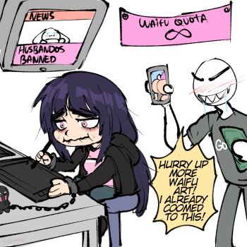 1boy 1girl artist_self-insert ass black_jacket black_pants black_shirt blue_pants chain chained chair cinnamoroll closed_mouth commentary cuffs drawing_(action) drawing_tablet english_commentary english_text evil_smile full_body fuwa_fuwa_cinnamoroll hat highres holding holding_pen holding_phone jacket long_hair no_eyes on_chair open_mouth original pants pen phone pink_eyes pink_shirt pinkkoffin purple_hat sanrio shackles sharp_teeth shirt sitting slave smile speech_bubble standing sweat teeth very_long_hair