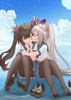 Rule 34 | 1girl, 2girls, ^ ^, absurdres, alternate costume, black hat, black pantyhose, brown hair, closed eyes, cloud, cloudy sky, commentary request, facial mark, grey skirt, hair between eyes, hair intakes, happy, hat, highres, honkai: star rail, honkai (series), kiss, kissing cheek, lao xi, long hair, mini hat, mini top hat, multiple girls, navel, no shoes, open mouth, outdoors, pantyhose, pleated skirt, school uniform, shirt, shoes, short sleeves, sitting, skirt, sky, smile, sparkle (honkai: star rail), sparxie (honkai: star rail), top hat, twintails, very long hair, water, white hair, white shirt, yuri