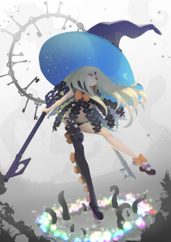 1girl abigail_williams_(fate) abigail_williams_(second_ascension)_(fate) bare_shoulders black_bow black_hat black_panties black_shoes black_thighhighs blonde_hair bow breasts commentary_request fate/grand_order fate_(series) forehead full_body gajumaru09 grin hair_bow hat highres key keyhole long_hair navel orange_bow panties parted_bangs red_eyes shoes single_thighhigh small_breasts smile solo staff tentacles thighhighs underwear witch_hat