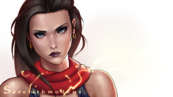1girl absurdres bare_shoulders battle_tendency black_hair blue_dress blue_eyes closed_mouth commentary_request dress earrings female_focus highres jewelry jojo_no_kimyou_na_bouken lips lisa_lisa long_hair mature_female portrait red_scarf scarf serelith solo