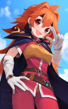 1girl :d belt blue_sky blush breasts brown_belt cloak cloud commentary day fang gloves hair_between_eyes hair_intakes hand_on_own_hip hand_up highres lina_inverse long_hair looking_at_viewer open_mouth orange_hair outdoors pants purple_cloak red_eyes red_pants red_shirt shirt short_sleeves sky slayers small_breasts smile solo v very_long_hair watermark white_gloves yoako