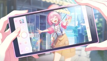 Rule 34 | 2girls, :d, ^ ^, badge, bag, blue sky, blunt bangs, blurry, blurry background, breasts, brown skirt, button badge, buttons, candy store, cellphone, closed eyes, colorful palette, day, dot nose, english text, female pov, fingernails, food-themed bag, game cg, hair flaps, hand focus, hands up, highres, holding, holding phone, light blush, miniskirt, multiple girls, ocean, official art, ootori emu, open mouth, our golden days (project sekai), outdoors, phone, pink hair, pink shirt, poster (object), pov, project sekai, shirt, shop, short hair, short sleeves, skirt, sky, small breasts, smartphone, smile, suspender skirt, suspenders, taking picture, third-party source, tree, two-tone shirt, utility pole, v, white shirt