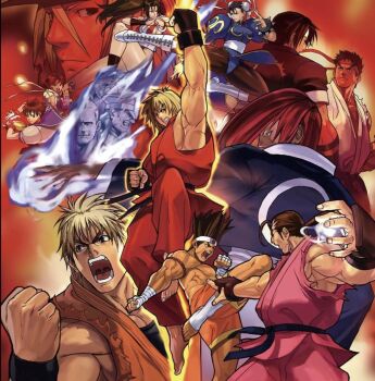 4girls 6+boys akuma_(street_fighter) angry braid breasts brown_hair capcom capcom_vs._snk chun-li crossover fatal_fury fighting fighting_stance fingerless_gloves geese_howard gloves headband hibiki_dan joe_higashi kasugano_sakura ken_masters kicking kusanagi_kyou large_breasts m._bison multiple_boys multiple_girls muscular muscular_male official_art punch punching red_hair ryou_sakazaki ryu_(street_fighter) ryuuko_no_ken school_uniform shiranui_mai short_hair shorts skirt smile snk street_fighter terry_bogard the_king_of_fighters uppercut yagami_iori yuri_sakazaki