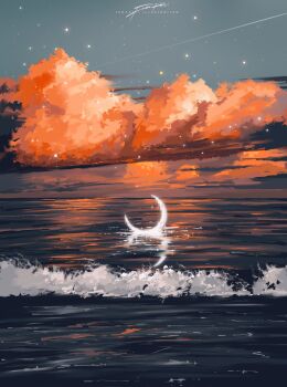 absurdres artist_name chinese_commentary cloud cloudy_sky commentary_request crescent_moon evening fangpeii highres horizon moon no_humans ocean orange_clouds original outdoors reflection reflective_liquid scenery signature sky star_(sky) starry_sky surreal water waves