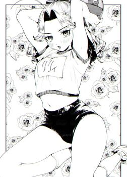 1girl armpits arms_behind_head arms_up ball black_shorts blush border breasts crop_top filter-goshi_no_kanojo flower greyscale houjou_lily kneeling long_hair looking_at_viewer medium_breasts monochrome navel official_art oomsz open_mouth patterned_background rose shirt shoes shorts sneakers socks sportswear thighs very_long_hair volleyball_(object) volleyball_uniform white_border white_hair white_shirt white_socks