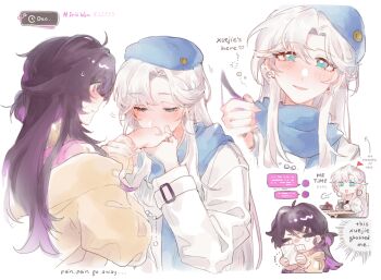 2girls blue_eyes blue_hat blue_scarf blush character_name chibi chibi_inset commentary copyright_name drunk earrings english_commentary english_text hand_on_another's_wrist hat heart highres hiru315 holding holding_phone hoop_earrings iris_wen jewelry kiss kissing_hand long_hair love_curse:_find_your_soulmate multiple_girls official_alternate_costume pale_skin pearl_earrings phone purple_hair red_flag scarf scene_reference selene_yan side_ponytail white_hair winter_clothes yuri