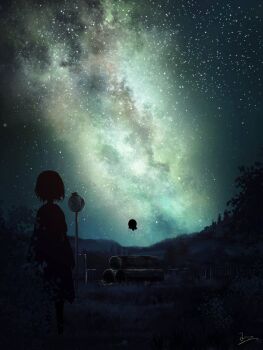 1girl alien analog_clock clock commentary_request highres huashijw industrial_pipe kuze_shizuka milky_way night night_sky outdoors scenery short_hair signature silhouette sky sky_focus standing star_(sky) starry_sky takopii takopii_no_genzai wide_shot