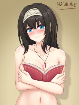 1girl argyle_clothes argyle_hairband bare_shoulders black_hair blue_eyes blush boobs_in_book_(meme) book book_on_breasts breasts cleavage collarbone covering_breasts covering_privates embarrassed hachiune hair_between_eyes highres holding holding_book hugging_book hugging_object idolmaster idolmaster_cinderella_girls jewelry large_breasts long_hair looking_at_viewer meme navel necklace nude sagisawa_fumika solo