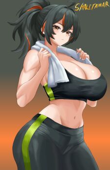 1girl ahoge alternate_costume artist_name bare_shoulders black_background black_hair black_pants black_sports_bra breasts closed_mouth commentary cowboy_shot gradient_background groin hair_between_eyes hair_intakes highres large_breasts long_hair looking_at_viewer midriff multicolored_hair navel pants ponytail red_background red_eyes red_streaks shalitamar sidelocks simple_background solo sports_bra standing streaked_hair tight_clothes tight_pants towel towel_around_neck yoga_pants zenless_zone_zero zhu_yuan