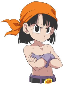 1girl angry annoyed black_hair closed_mouth covering_breasts covering_privates crossed_arms dragon_ball dragon_ball_gt fingerless_gloves fufuisufu gloves highres loli pan_(dragon_ball) solo topless_female
