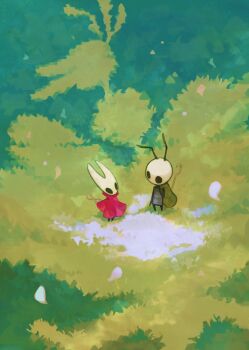 1boy 1girl absurdres arthropod_boy arthropod_girl black_eyes cloak commentary falling_petals highres hollow_knight hollow_knight:_silksong hornet_(hollow_knight) horns looking_at_another needle_(hollow_knight) nyleth_(hollow_knight) on_grass petals pin_(hollow_knight) red_cloak seth_(hollow_knight) standing sunmk_s2 symbol-only_commentary