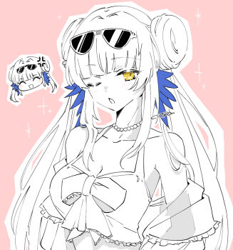 Rule 34 | 1girl, anger vein, arknights, bikini, blush, breasts, ceylon (arknights), ceylon (holiday) (arknights), chibi, chibi inset, citron80citron, cleavage, collarbone, commentary request, double bun, eyewear on head, feather hair, hair bun, jewelry, long hair, necklace, official alternate costume, one eye closed, open mouth, outline, partially colored, pearl necklace, pink background, shrug (clothing), sunglasses, swimsuit, upper body, white outline, yellow eyes