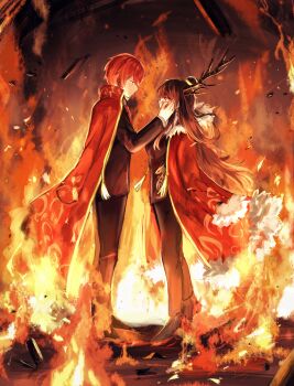 1boy 1girl absurdres black_jacket black_pants breasts brown_hair cape coat dragon_horns dragon_print fire fur-trimmed_coat fur_trim gold_trim hair_bun hand_on_another&#039;s_cheek hand_on_another&#039;s_face highres horns jacket library_of_ruina long_hair lowell_(project_moon) medium_breasts necktie pants project_moon red_cape red_coat red_eyes red_hair red_necktie sidelocks tassel very_long_hair xiao_(project_moon) y_o_u_k_a