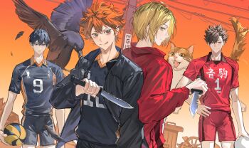 Rule 34 | 4boys, absurdres, animal, back-to-back, ball, baozaohuang, bird, black hair, black jacket, blue eyes, cat, chinese commentary, collared shirt, commentary request, crow, haikyuu!!, hand on own hip, highres, hinata shouyou, holding, holding knife, jacket, kageyama tobio, karasuno volleyball uniform, knife, kozume kenma, kuroo tetsurou, male focus, multicolored hair, multiple boys, nekoma volleyball uniform, orange eyes, orange hair, red jacket, roots (hair), shirt, shirt tucked in, short hair, smile, sportswear, standing, tongue, tongue out, track jacket, volleyball (object), volleyball uniform