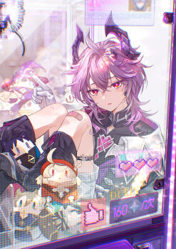 Rule 34 | 1boy, absurdres, albedo (genshin impact), bandaid, bandaid on leg, boots, crane game, diamond-shaped pupils, diamond (shape), dragon horns, durin (genshin impact), genshin impact, gloves, hair between eyes, highres, horns, klee (genshin impact), long sleeves, looking at viewer, male focus, pointy ears, purple hair, red eyes, scaramouche (genshin impact), sitting, solo, stuffed toy, symbol-shaped pupils, wanderer (genshin impact), white gloves, zhipian eli