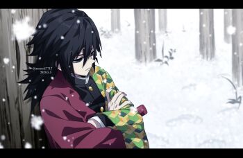 1boy black_hair black_jacket blue_eyes buttons commentary_request crossed_arms demon_slayer_uniform forest gold_buttons hair_between_eyes half-closed_eyes haori high_collar highres jacket japanese_clothes kikkoumon kimetsu_no_yaiba letterboxed long_hair low_ponytail male_focus nature outdoors ponytail print_haori red_haori snow solo spiked_hair tomioka_giyuu upper_body yutatatata
